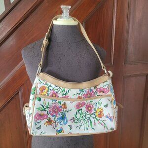 Botanical Floral Shoulder Bag With Adjustable Strap & Zippered Compartments By L